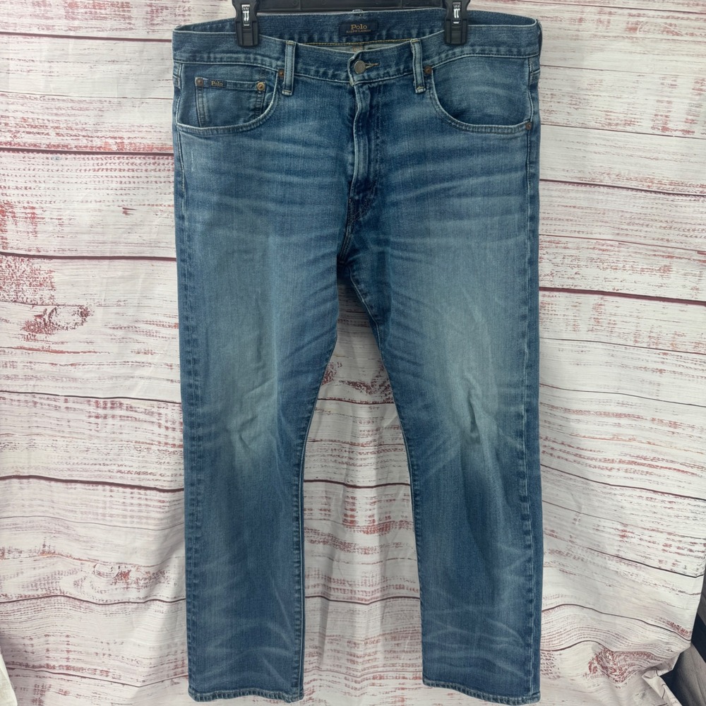 Polo Ralph Lauren Jeans Mens 34x32 Straight Leg Medium Wash Blue Denim Whiskered
